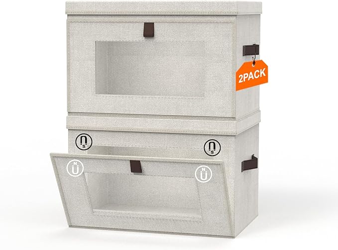 2 Pack 35L Large Foldable Closet Storage Organizer - Front Opening, Clothes Storage Bins with Handles & Window, Collapsible Decorative Storage Boxes with lid for Shelves, Living Room,Dorm