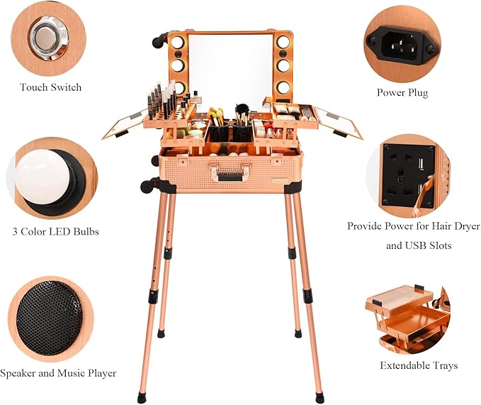 Aluminum Trolley Makeup Train Case with LED Lights Professional Cosmetic Organizer Studio with Speaker, Wheels and Stands Rolling Lighted Makeup Vanity Station for Travel (Rose Gold)