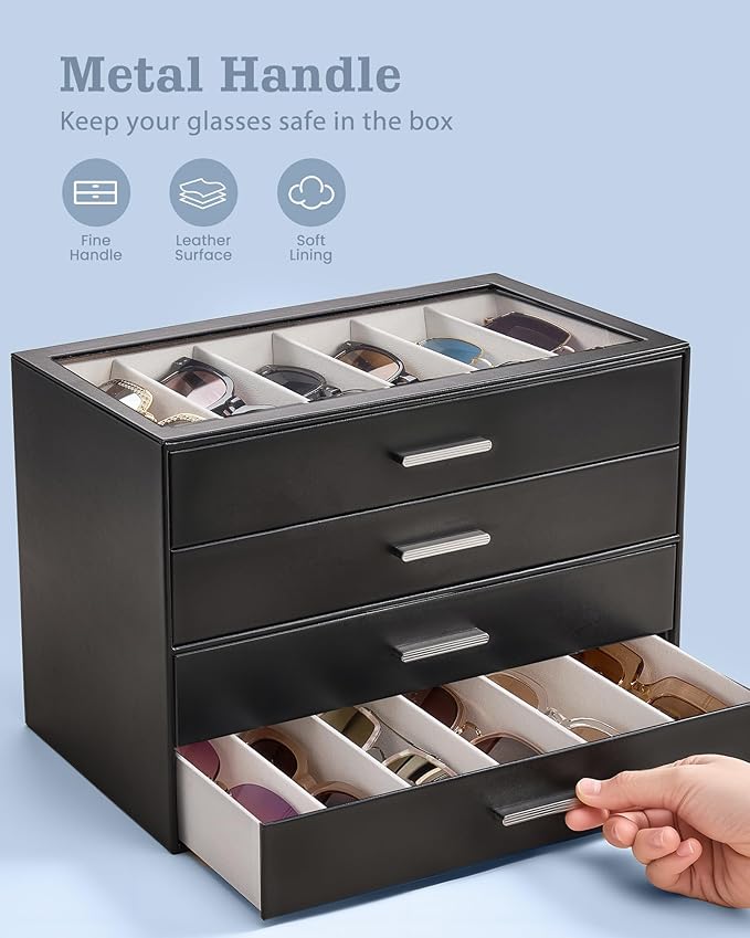 Lolalet Beige Sunglasses Storage Box for Women, Eyewear Eye Glass Organizer with Clear Top Lid Display Holder Case