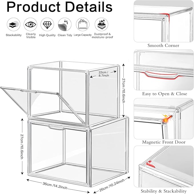 DILIBRA 4 Packs Clear Plastic Handbag Storage Organizer for Closet, Acrylic Display Box for Handbag, Stackable Storage Boxes Bag Organizer with Magnetic Door for Purse Clutch Wallet Book Toys