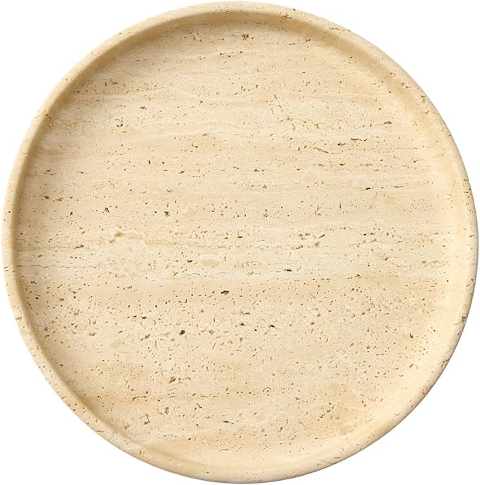 Natural Travertine Vanity Tray – Round Beige Marble Tray for Bathroom, Jewelry, Candle, Perfume, Nightstand & Kitchen Decor, 10 Inch Wabi-sabi Style Decorative Stone Catchall Organizer