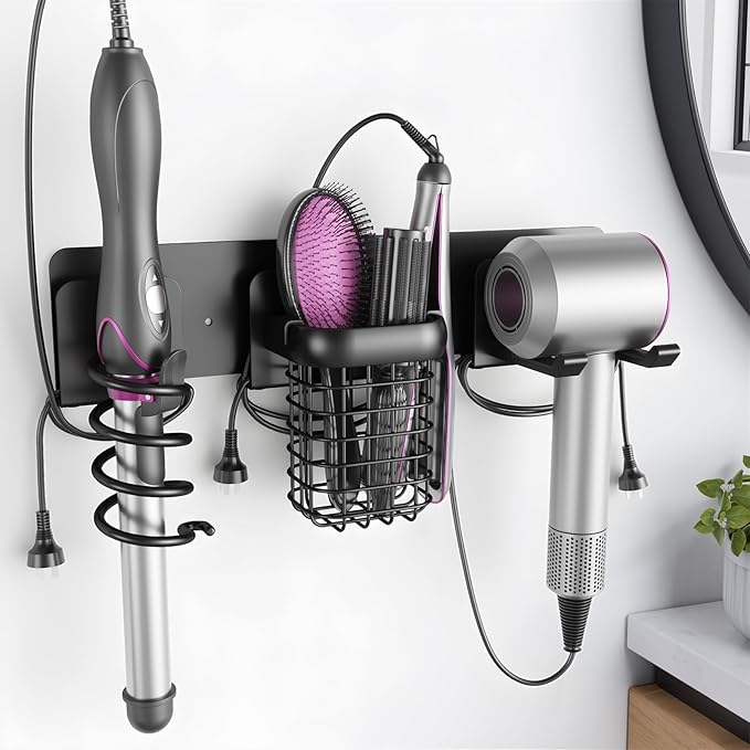 Tindbea Upgraded Aluminum Alloy Hair Dryer Holder Wall Mounted with Built-in Cord Wrap,3-in-1 Hair Tool Organizer for Blow Dryer, Curling Iron, and Straightener, Matte Black