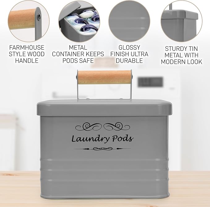 ELITAPRO Laundry Pods Holder - Modern Farmhouse Laundry Pods Container - Metal Detergent Pods Container with Lid for Laundry Room Decor and Accessories - Laundry Room Organization & Storage (Gray)