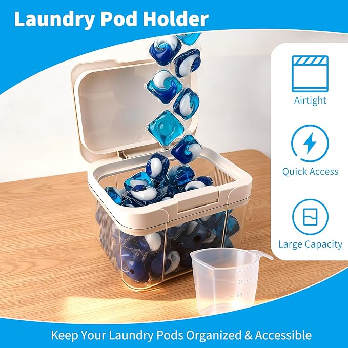 Laundry Pod Holder Compatible with Tide - Pod Storage Container, 98 fl oz/2.9L Powder Containers with Pop up Lid and Scoop, Laundry Room Storage Organizer for Pods and Scent Booster Beads