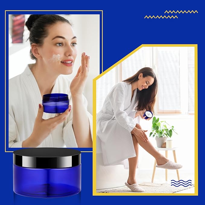 Dandat 24 Pcs 8 oz Plastic Jar Container with Lid and Label Refillable Empty Round Blue with Black Pet Cosmetic Sample Slime Containers for Lotion, Cream, Ointments, Body Butter, Makeup Travel Storage