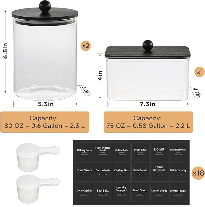 Glass Laundry Pods Container & Acrylic Dryer Sheet Holder with Balck Bamboo Knobs Lids, Scoops & Labels | Premium Laundry Room Organization and Storage for Detergent Pods, Powder, Dryer Balls & Beads