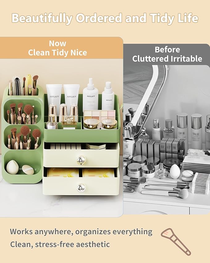 Makeup Organizer with Drawers, Skincare Organizer (Large Size Thick), Storage Box Cosmetic Display Cases, Make up Organizers for Vanity, Dresser, Desk, Kitchen, Countertop (green)