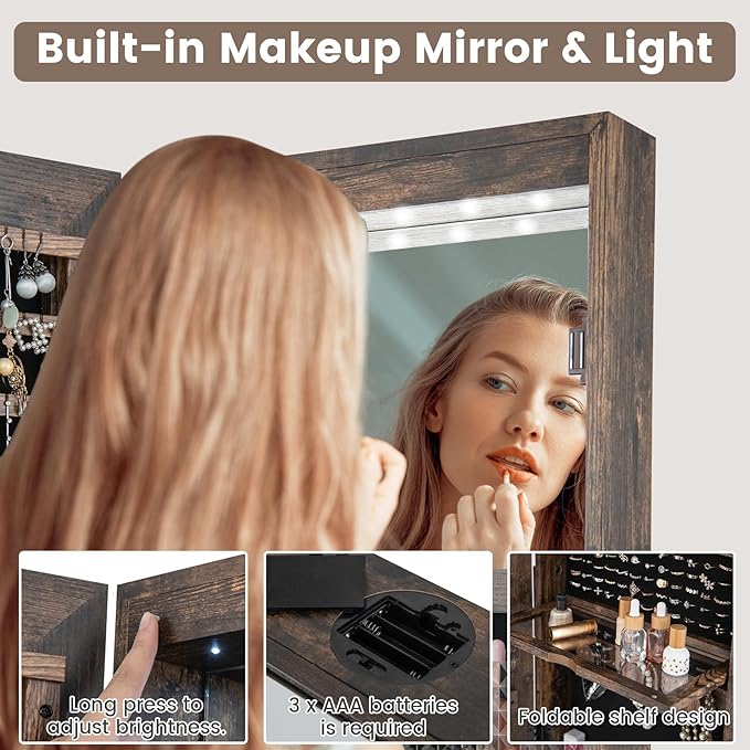 GOFLAME 360° Rotating Jewelry Cabinet with Full Length Mirror, Standing LED Mirror Jewelry Armoire, Lockable Jewelry Organizer with Hair Dryer Rack, Back Storage Shelves, Inner Makeup Mirror, Brown