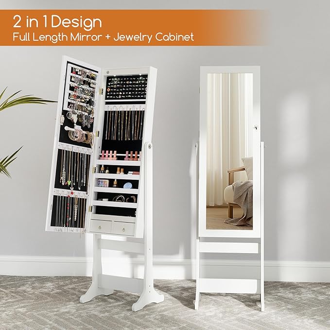 Giantex Standing Jewelry Armoire, Lockable Jewelry Cabinet with Full Length Mirror, LED Lights, 4 Tilt Angle Adjustable, Mirror with Jewelry Storage, Standing Jewelry Organizer with Drawers, White