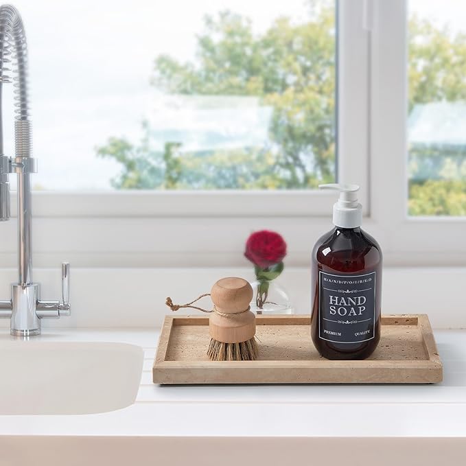 Natural Small Travertine Tray for Bathroom Vanity and Kitchen Sink, Stone Countertop Organizer for Soap Dispenser, Jewelry, Perfume, Candle, Ring, Home Decor, Non-Resin Non-Ceramic