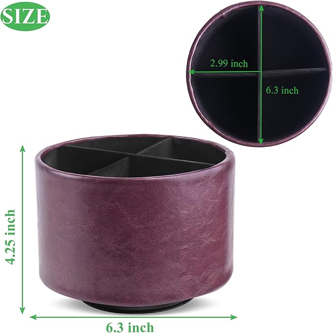 Hennaja Round Leather Art Supply Organizer,Remote Control Holder,360 Degree Spinning,Multi-Functional Pencil Holder,4 Compartments Desktop Stationary Organizer(1-Oil Brown)