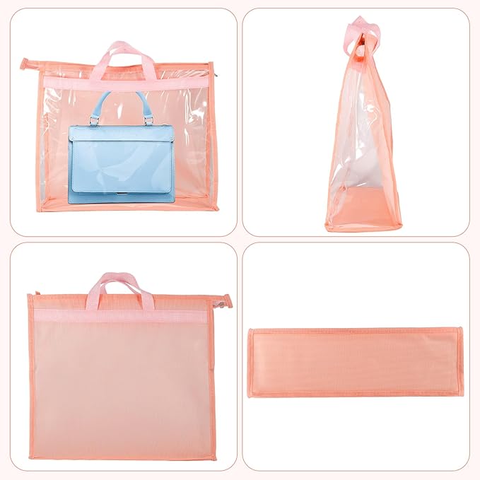 15 PCS Dust Bags for Handbags,Purse Protector Storage Bag,Purse Cover Hanging Closet Organizer with Zipper Handle,Clear Handbag Storage Organizer for Closet,3 Assorted Sizes(Pink)