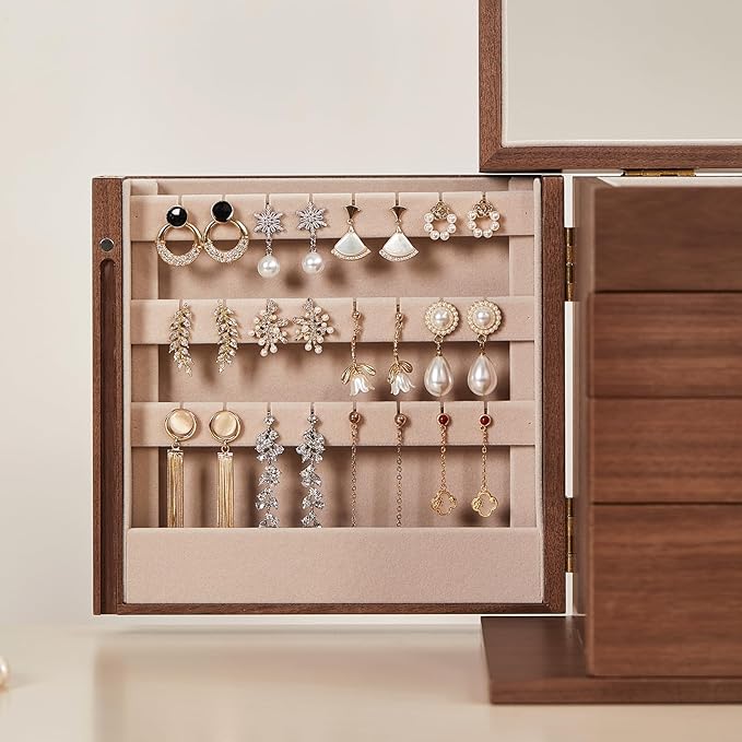 Black Walnut Wooden Jewelry Box, Wood Jewelry Organizer with 2 Side Doors Mirror Lockable Classical Style for Watch Necklace Ring Earring Storage Valentine's Day Gifts-4 Layer