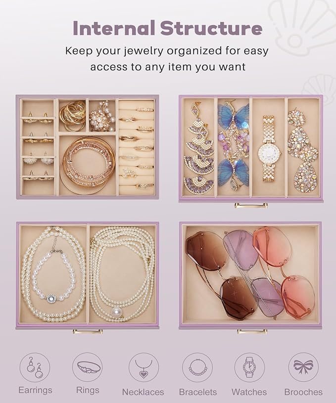 Jewelry Box with 3 Drawers: Display Organizer for Earrings Necklaces - Gifts for Girls Women (Grey Purple)