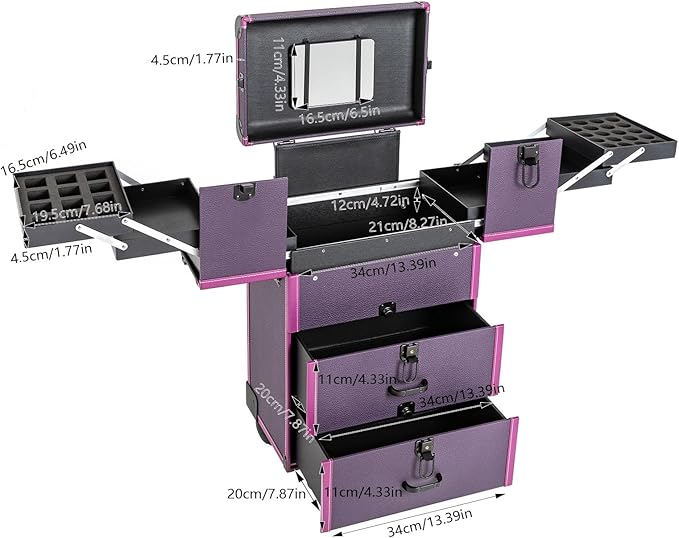 Rolling Makeup Train Case with Wheels and Mirror, Lockable Portable Cosmetic Organizer Trolley, Large Make up Cosmetic Orgainzer, Pro Makeup Artists Multifunction Cosmetics Trolley Train Case (Purple)