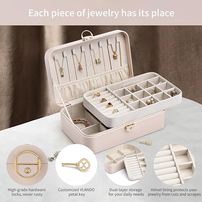 Vlando 2-Layer Jewelry Box,Valentines Day Gifts for Her Jewelry Organizer for Women Removable Jewelry Tray for Earrings Necklace,Gift Ideas,Birthday Graduation Gifts Apricot Pink