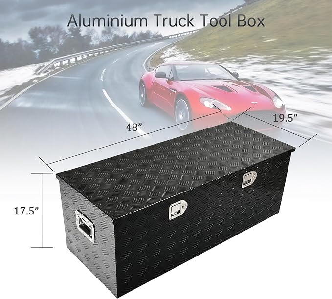 48''Inch Aluminum Truck Tool Box Truck Bed Toolbox Truck Trailer Chest Box Trailer Underbody Storage Organizer Waterproof Square Storage Organizer w/Lock & Keys Black(‎48" x19.5''x17.5'')