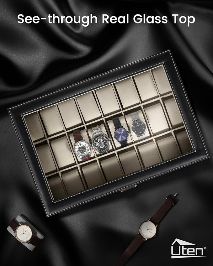 Uten Watch Box, 24 Slots Watch Case, Watch Box Organizer Jewelry Storage with Large Glass Lid, Watch Display Case, Watch Box for Men & Women