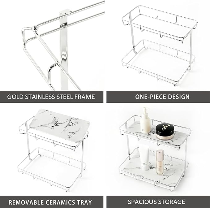 Bathroom Organizer Countertop Perfume Organizer Makeup Organizer Cosmetics Storage Display Rack Vanity Tray Dresser Stainless Steel Gold Shelf White Marble Ceramic Tray (2 Tier L-Sliver) | Perfume Organizer, Makeup Organizer, Cosmetics Storage, Vanity ...