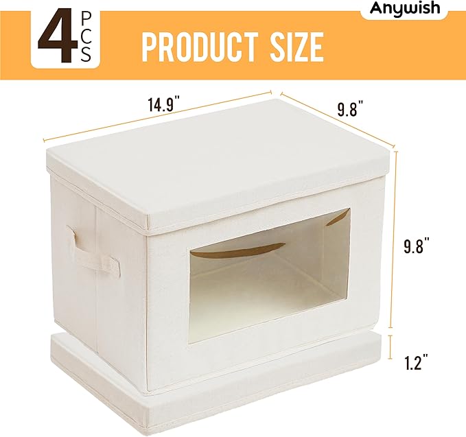 Citylife 4-Pack Storage Bins with Lids, Fabric Foldable Storage Bins with Soft Cord Handles, Cube Closet Storage Baskets with Lids, Organizers for Organizing Clothes and Books, Beige
