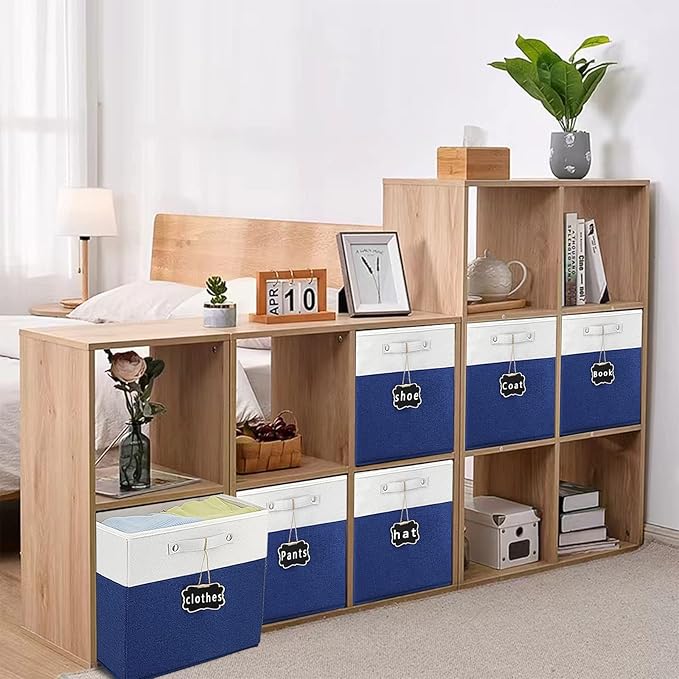 11 x 11 storage cubes,Set of 4 Collapsible Fabric Storage Cubes with Labels,Linen Cube Storage Organizer Bins Kallax Storage Cubes for Organizing Home,Shelves,Nursery Toys,Clothes(White Blue).