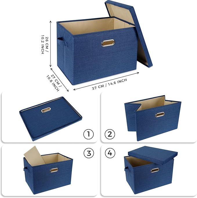 SNWDN 4 Pack Collapsible Fabric Storage Bins with Lids Fabric storage box with lids for closet organizers and storage (Dark Blue 14.6x10.6x10.2 inches)