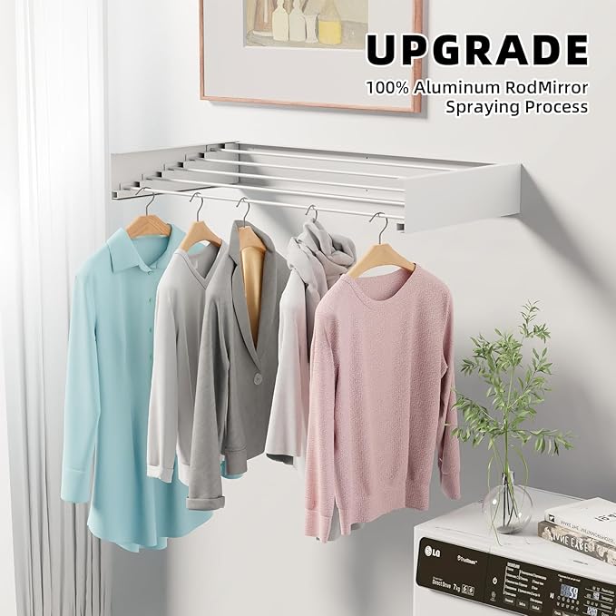 Laundry Drying Rack Collapsible, Wall Mounted, Clothes Drying Rack, 40" Wide, 16.5 Linear Ft, 5 Aluminum Rods, 60 lb Capacity, Laundry Racks for Drying Clothes with Wall Template(White 40" Large)