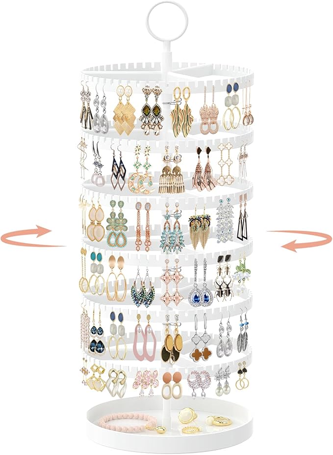 iDavosic.ly 6 Tier Rotating Earring Holder Organizer with Metal Tray, Adjustable Plastic Dangle Display Stands Tree with 342 Grooves, Large Hoop Storage Rack Tower, White