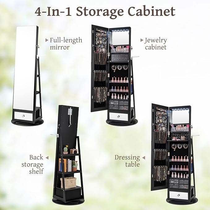 GOFLAME 360 Rotating Jewelry Cabinet with Full Length Mirror, Standing LED Jewelry Armoire, Lockable Jewelry Organizer with Hair Dryer Rack, Back Storage Shelves, Inner Makeup Mirror, Black