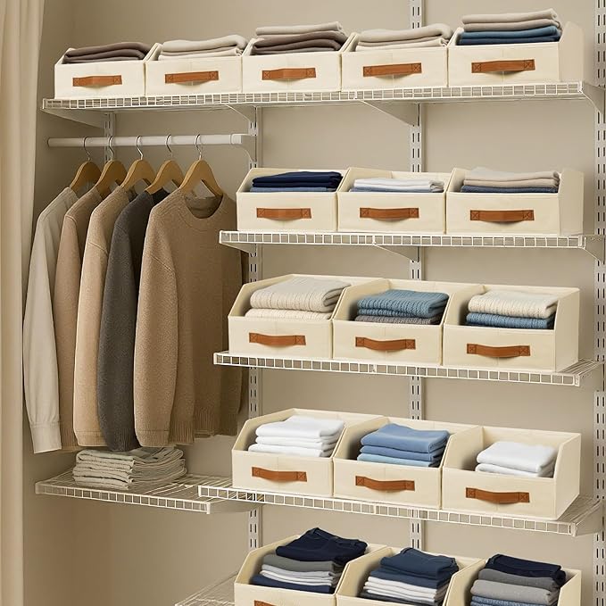 Fabric Storage Bins for Organizing - 10 Pack Large Trapezoid Collapsible Storage Bins with Front Handle, Closet Organizers and Storage for Bedroom, Home Shelves, Small Spaces, Beige