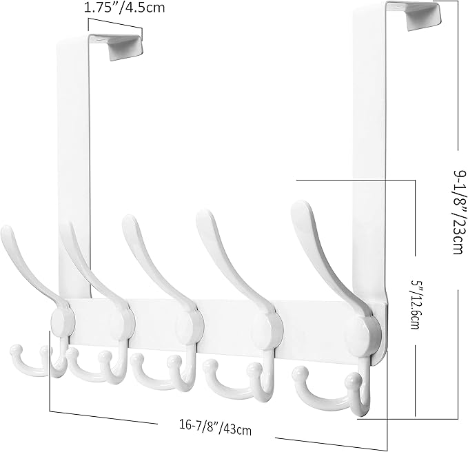 SKOLOO Over The Door Hook - for Doors up to 1-3/4'' Thickness, Pack of 2, Metal Door Hanger with 5 Triple Hooks, Over The Door Hanger for Coats, Hats,Towels, White, Assembly Required