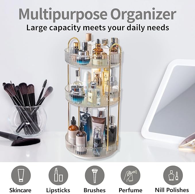 360 Rotating Makeup Organizer,3 Tier Large Capacity Make Up Organizers and Storage,Skincare Perfume Vanity Organizers,Bathroom Cosmetics Storage Organizer Countertop (Clear-3 Tier)