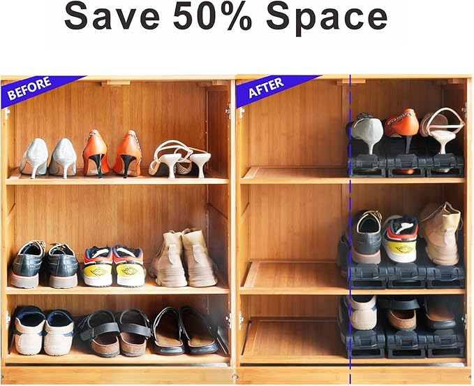 Shoe Slots Organizer, 16PCS No Assembly Required Thickening Adjustable Double Layer Stack Shoe Rack, 50% Space-Saving Storage Rack Holder, Black
