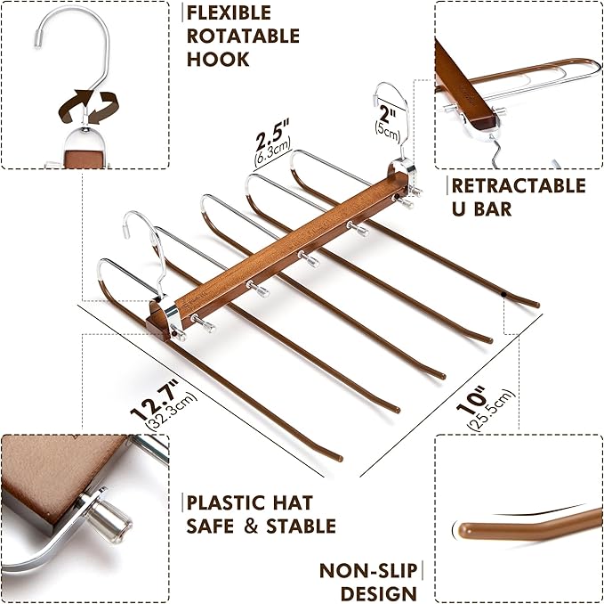 HOUSE DAY Pants Hangers Space Saving, Wood Jean Hangers for Closet, Non Slip Multi functional Pants Rack Hanger Multiuse Pant Organizer For Closet Space Saving Hangers for Pants, Scarfs (2PACK,Walnut)