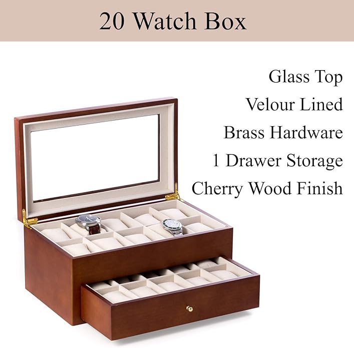 Bey-Berk Custom Personalized Watch Box Organizer - 20 Slot Luxury Solid Wood Designer Display, Large Watch Slots