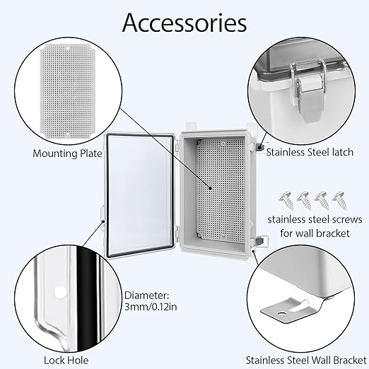 LeMotech Electrical Box, IP67 Waterproof Hinged Clear Cover Stainless Steel Latch Junction Box, ABS Plastic Electrical Enclosure with Mounting Plate,Wall Brackets, Cable Glands,10.2"x6.3"x3.9", Grey