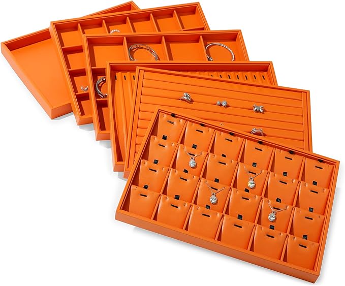 Orange Leather Necklace Tray Jewelry Display Tray 24 Grids Necklace Display Trays Necklace Storage for Drawers With Removable Jewellery Cards Necklace Pendant Tray