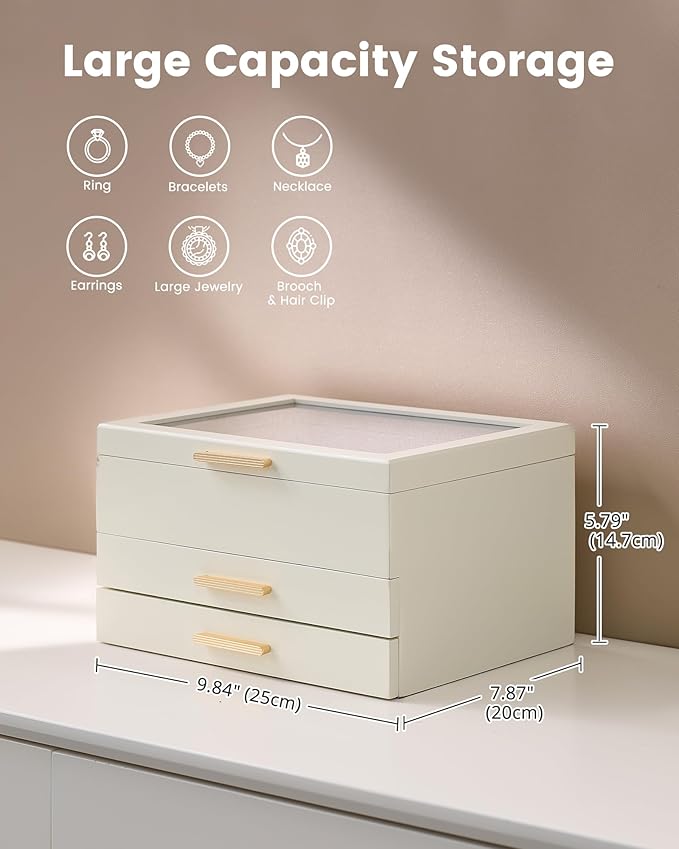 Lolalet Jewelry Box, Clear Window Wood Grain Jewelry Storage for Earrings Bracelets Necklaces Rings, High Capacity Organizer for Women -Beige, 3 Layers