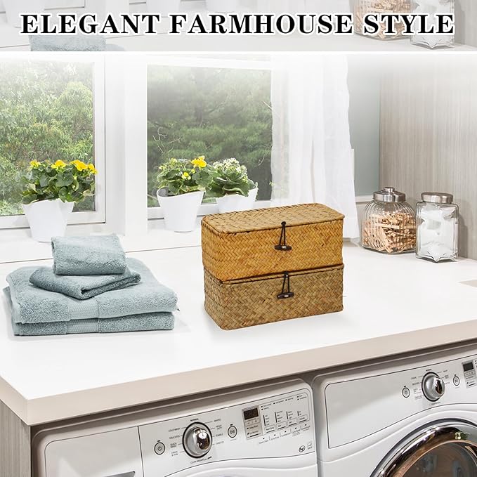 Dryer Sheet Holder, Woven Seagrass Dryer Sheet Container with Lid, Farmhouse Dryer Sheet Box Decor, Dryer Balls Dispenser for Laundry Room Organization and Storage-Natural Color