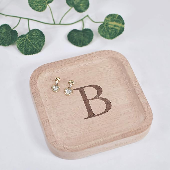 I'm Wooden Personalized Letter Catchall Valet Tray Trinket Dish Jewelry Tray Key Bowl Decorative Plate Organizing Ring Earrings Necklaces Bracelet Watch Coins Wallet Holder (6"x6" Sq Natural B)