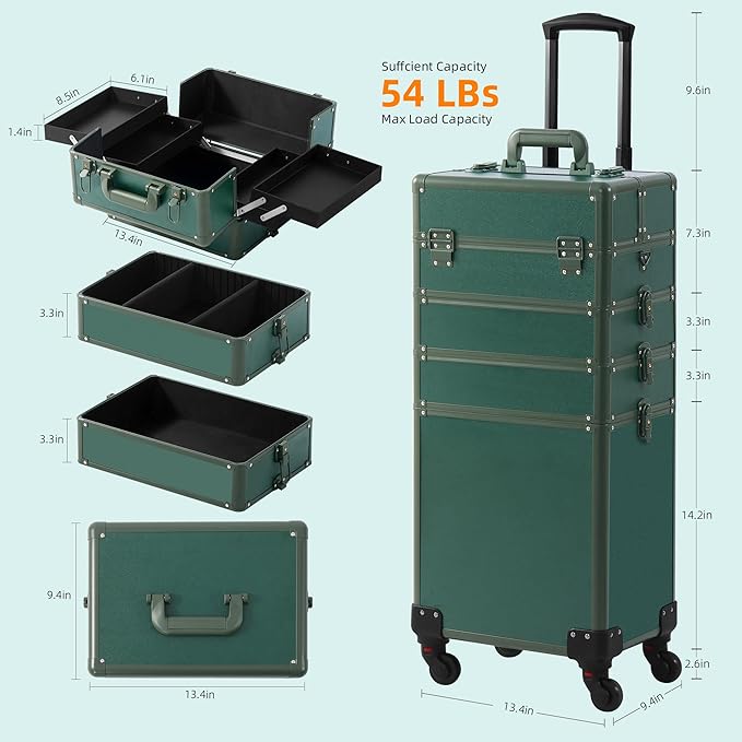 Makeup Train Case, Rolling Makeup Case with Lid, 5 in 1 Cosmetology Case on Wheels, Christmas Gift, Large Makeup Case Organizers, Profesional Cosmetic Case for Salon Barber, Green