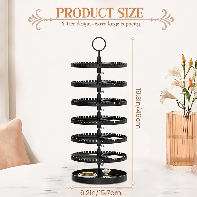 iDavosic.ly 6 Tier Rotating Earring Holder Organizer with Metal Tray, Adjustable Plastic Dangle Display Stands Tree with 342 Grooves, Large Hoop Storage Rack Tower, Black