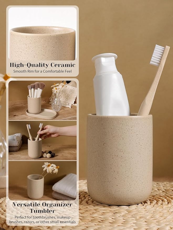 INGOFIN 3 Pcs Ceramic Bathroom Accessory Set - Liquid Soap Dispenser, Toothbrush Holder & Tray, Bathroom Counter Set, Countertop Essentials for Home, Guest Bathroom, or Office Use, Beige