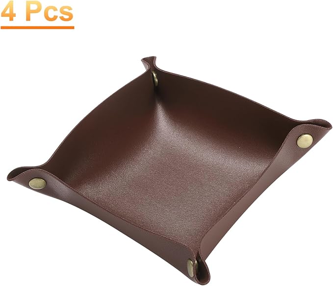 HARFINGTON 4pcs PU Leather Valet Tray Unisex Folding Small Catchall Tray Portable Entryway Table Tray Nightstand Bedside Desk Tray for Key Wallet Watch Coin Jewelry Dice, Dark Brown