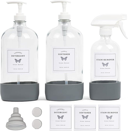 Glass Laundry Dispenser Set w/Silicone Base, 2x 34 oz & 1x 17 oz Pump Dispensers for Liquid Detergent/Stain Remover