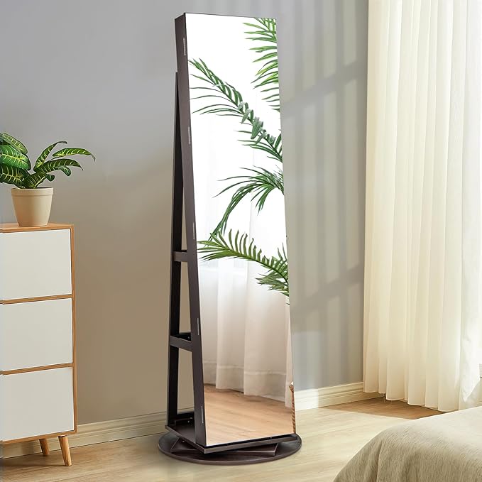 CHARMAID 360° Swivel Jewelry Armoire with Full Length Mirror, Rear Storage Shelves, Lockable Standing Jewelry Cabinet Organizer with Interior Vanity Mirror and 3-Color Lights (Espresso)