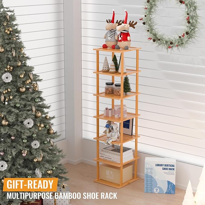 Bamboo Free Standing Shoe Rack Shelf Multi Tier Tall Wooden Stackable Shoes Rack Organizer for Closet Front Door Entrance Narrow Vertical Shoe Storage (Nature, 7 Tiers)