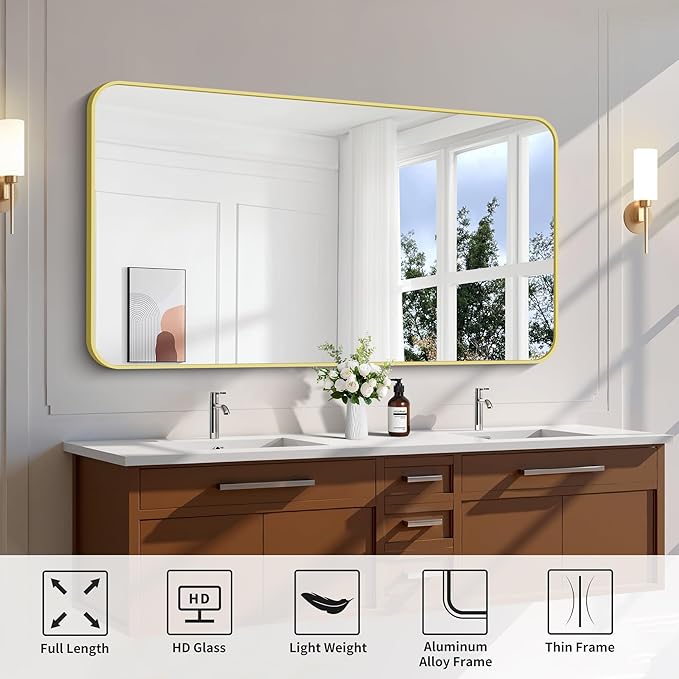 FORBATH 30x55 Inch Gold Bathroom Mirror for Over Sink, Large Rectangular Wall Mirror with Metal Frame, Rounded Corners for Bathroom, Bedroom, Entryway Decor (Horizontal or Vertical)