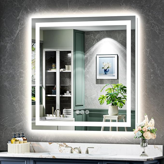 40x40 Inch LED Bathroom Mirror with Lights Front and Backlit Lighted Vanity Mirror for Bathroom Wall with 3 Colors Dimmable Anti-Fog Memory Shatter-Proof IP54 Waterproof Horizontal/Vertical
