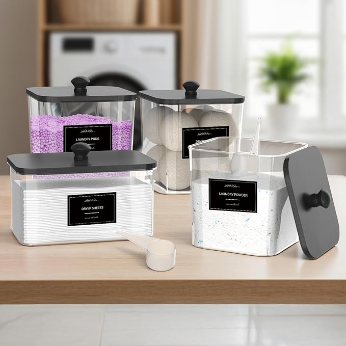 3+1 Pack Clear Laundry Pods Container & Dryer Sheet Holder, Plastic Square Laundry Room Organization and Storage Jars with Black Lids, Scoops & Labels for Detergent, Powder, Dryer Balls